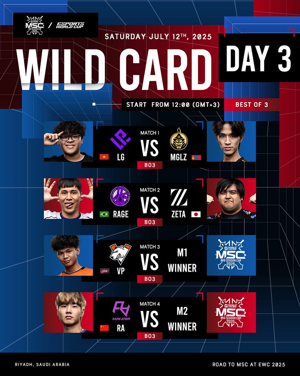 mlbbesports_en's tweet photo. Here's how Day 3 of the MSC at EWC 25 Wild Card stage looks 🫵

One last chance for these teams to continue their run here in Riyadh 👏

#MSC2025 https://t.co/bte8FaDQ6V
