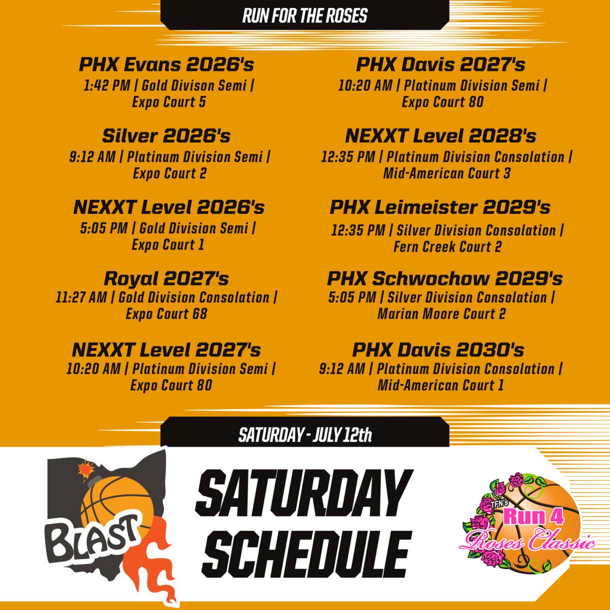 Check out Saturday schedule for the last day at the Run for the Roses! 

We have 3 teams still alive for a Platinum Division championship!