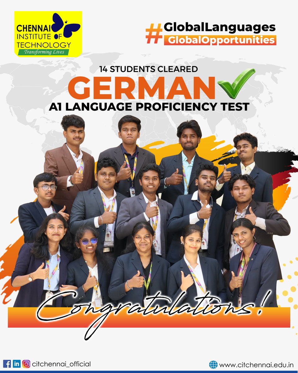 citchennai's tweet photo. Herzlichen Glückwunsch! | Big Congrats! 🇩🇪
14 students from CIT Chennai have cleared the A1 Level German Proficiency Test! 🌍✈️
A major step toward global education, internships & careers in Germany.
#CITChennai #A1Certified #GermanLanguage #GlobalCITizens #StudyInGermany https://t.co/BJ19QDwJuz