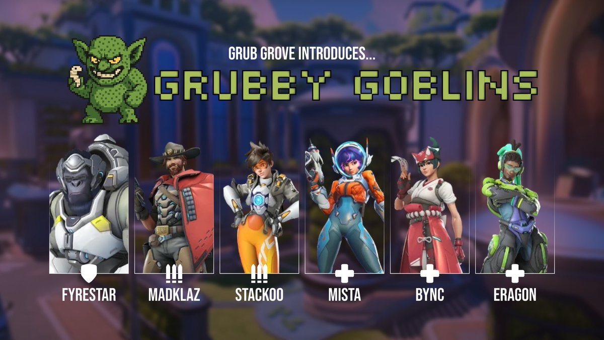 GrubGrove's tweet photo. Grub Grove is proud to present the Grubby Goblins! Our first ever Overwatch team who are currently competing in AAOL ‘25 Season 2!

🛡️- @Fyrestar_7 
🔫 - Madklaz, @StackoOW 
💉 - @mistapog, Bync, Eragon https://t.co/cMzaf4XY6v