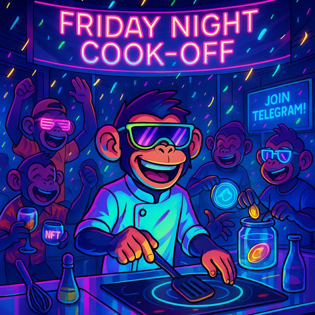 JNY_B_GD's tweet photo. It’s Friday night and the kitchen’s lit. 🧑‍🍳🔥
Neon vibes, $CMKY flowing, and the troop’s turning up in style.
The movement’s only getting louder…

🎉 Are you cooking with us or watching from the microwave?

#CookingMonkey #CMKY #CryptoParty #Web3Community #FridayVibes #NFTGame #CryptoTwitter