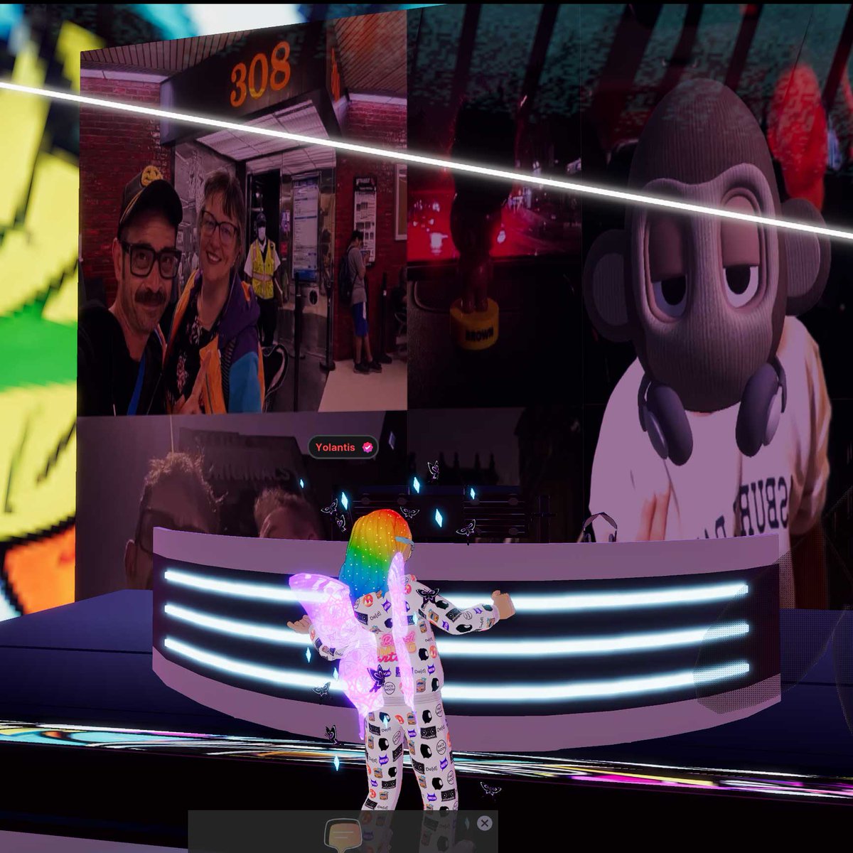 YolantisETH's tweet image. Check out #decentraland at @MAKEANFT weekly party. We met at NFT NYC and he's got a slide show up inside the build with the selfie he took of us. #metabeastparty