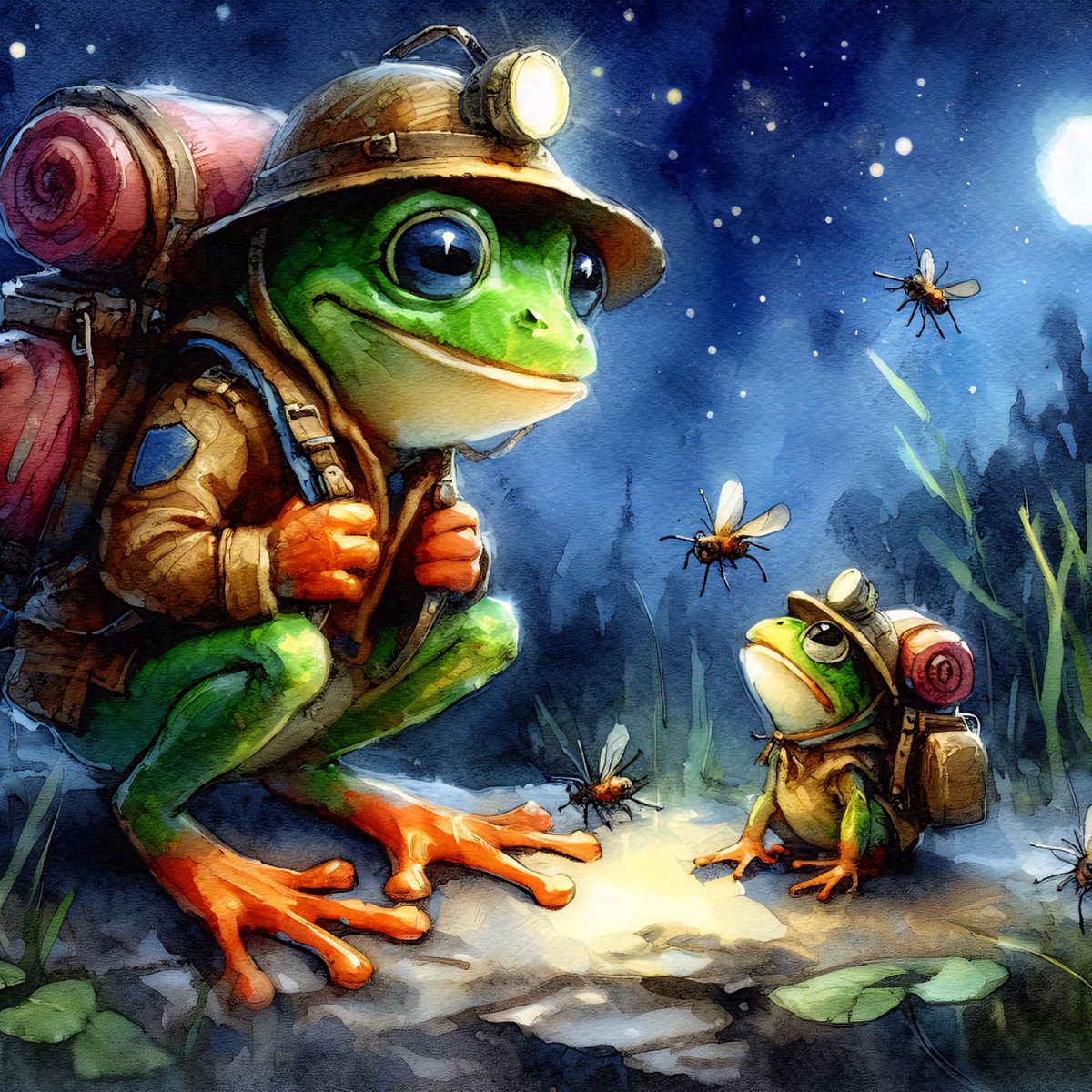 Bartholomew and Pip's Night Song 🦗

Bartholomew Bramblefoot, a frog of considerable experience and an even more considerable backpack, squatted low, his headlamp casting a soft glow on the damp earth. Beside him, his smaller companion, Pip, a froglet barely bigger than