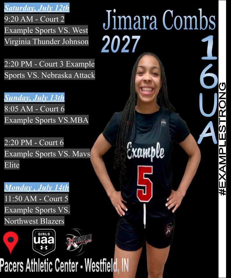 GUAA Session II kicks off this weekend and we’re ready to work!
🅰️ Jimara Combs | Class of 2027
#5 | 16U Example Sports
Catch us on the court all weekend — college coaches, come check her out! <a href="/ExampleSports3/">Example Sports AAU</a>