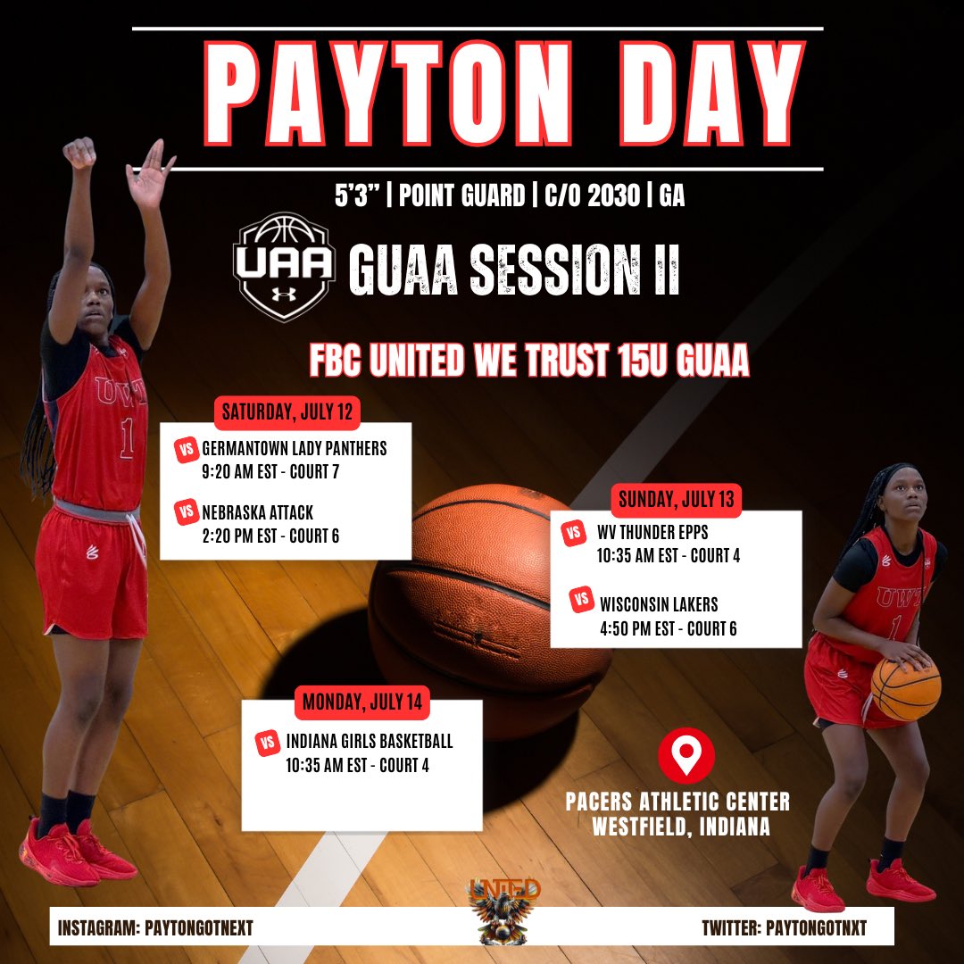 UP NEXT‼️

GUAA Session II - Pacers Athletic Center, Westfield, Indiana - July 12th - July 14th

@uwthoops 15U GUAA 

#fbcstrong #underarmourgirlsbasketball #uaa #girlsbasketball #paytongotnext☝🏾