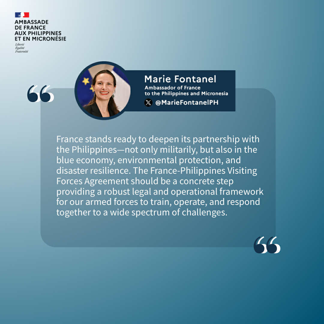 France in the PH 🇫🇷🇵🇭 (@frenchembassyph) on Twitter photo 🌊On the 9th year of the 2016 #ArbitralAward, Ambassador <a href="/MarieFontanelPH/">Marie Fontanel 🇨🇵🇵🇭</a> calls for stronger 🇫🇷🇵🇭 defense ties, including the first round of official negotiations for the Status of Visiting Forces Agreement, to uphold international law and a rules-based order in the #IndoPacific. 🌊On the 9th year of the 2016 #ArbitralAward, Ambassador <a href="/MarieFontanelPH/">Marie Fontanel 🇨🇵🇵🇭</a> calls for stronger 🇫🇷🇵🇭 defense ties, including the first round of official negotiations for the Status of Visiting Forces Agreement, to uphold international law and a rules-based order in the #IndoPacific.