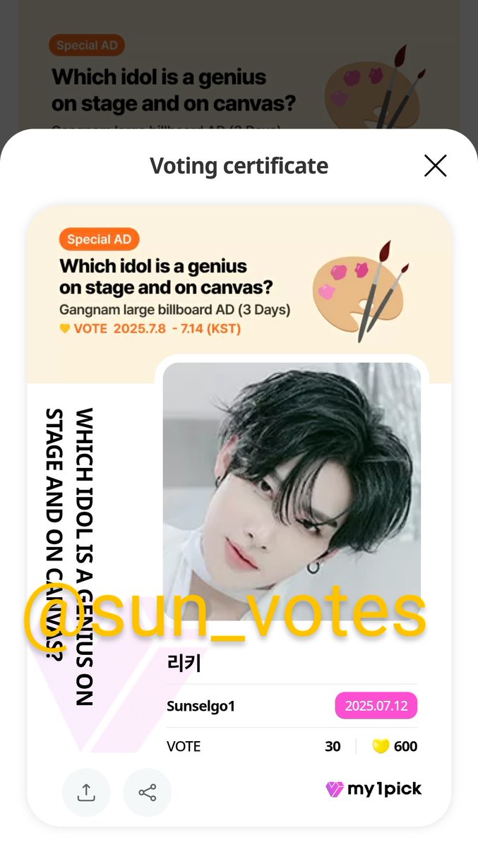 sun_votes's tweet photo. โ
Done: RT DEAL #MY1PICK
Which idol is a genius on stage and on canvas?
๐ 300 ๐ have been casted for #RICKY #ZEROBASEONE
Thank you for your participation ๐ฅฐ
#sunvotes_proof https://t.co/9uxeMkfe0w
