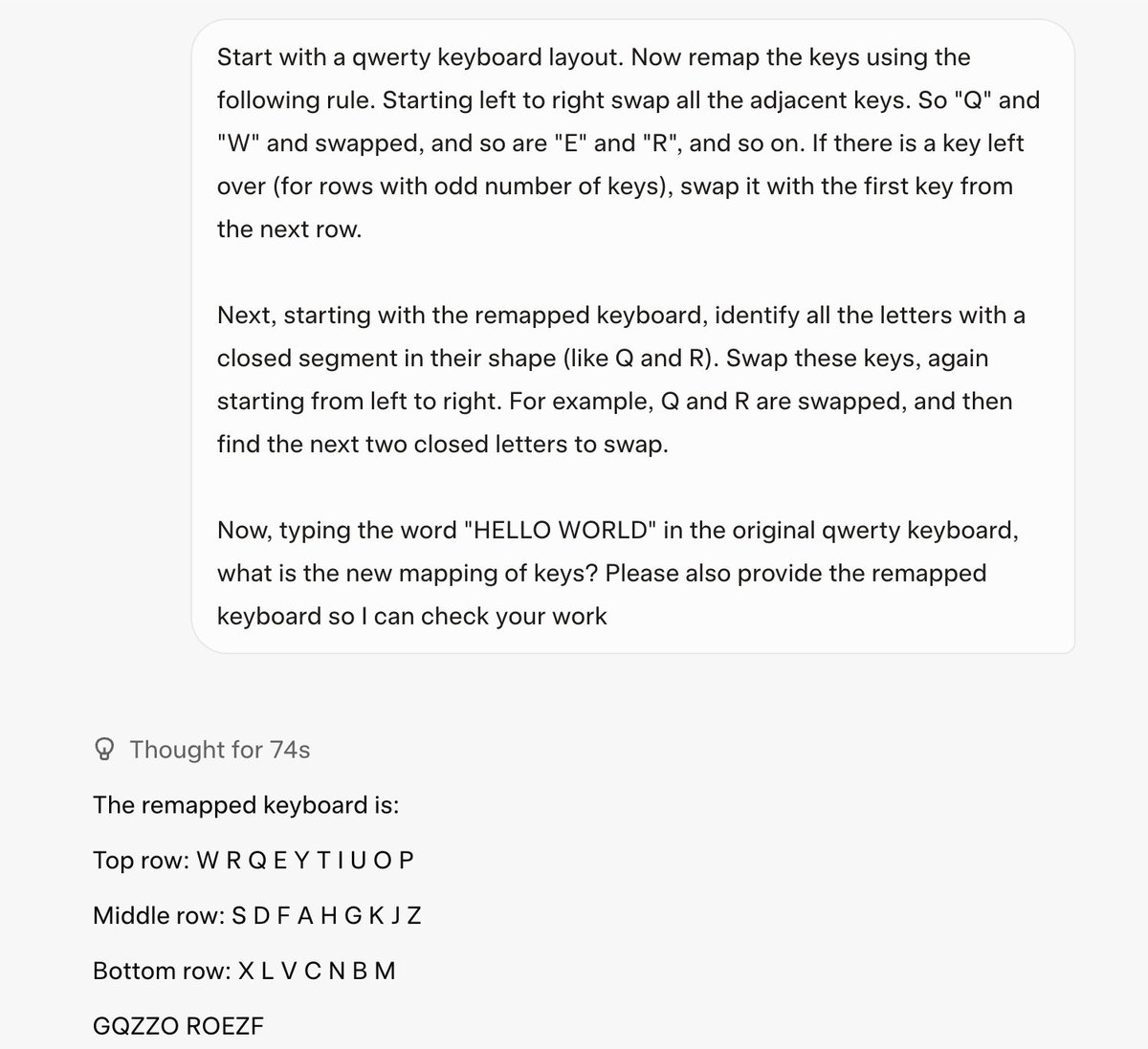 paul_merolla's tweet image. There are still people who think LLMs are just fancy pattern matchers — incapable of reasoning on unseen problems.
Here’s Grok-4 solving a problem I’m pretty sure no one has ever posed before.
To get it right, it needs:
• a mental model of a physical keyboard
• rule-following…