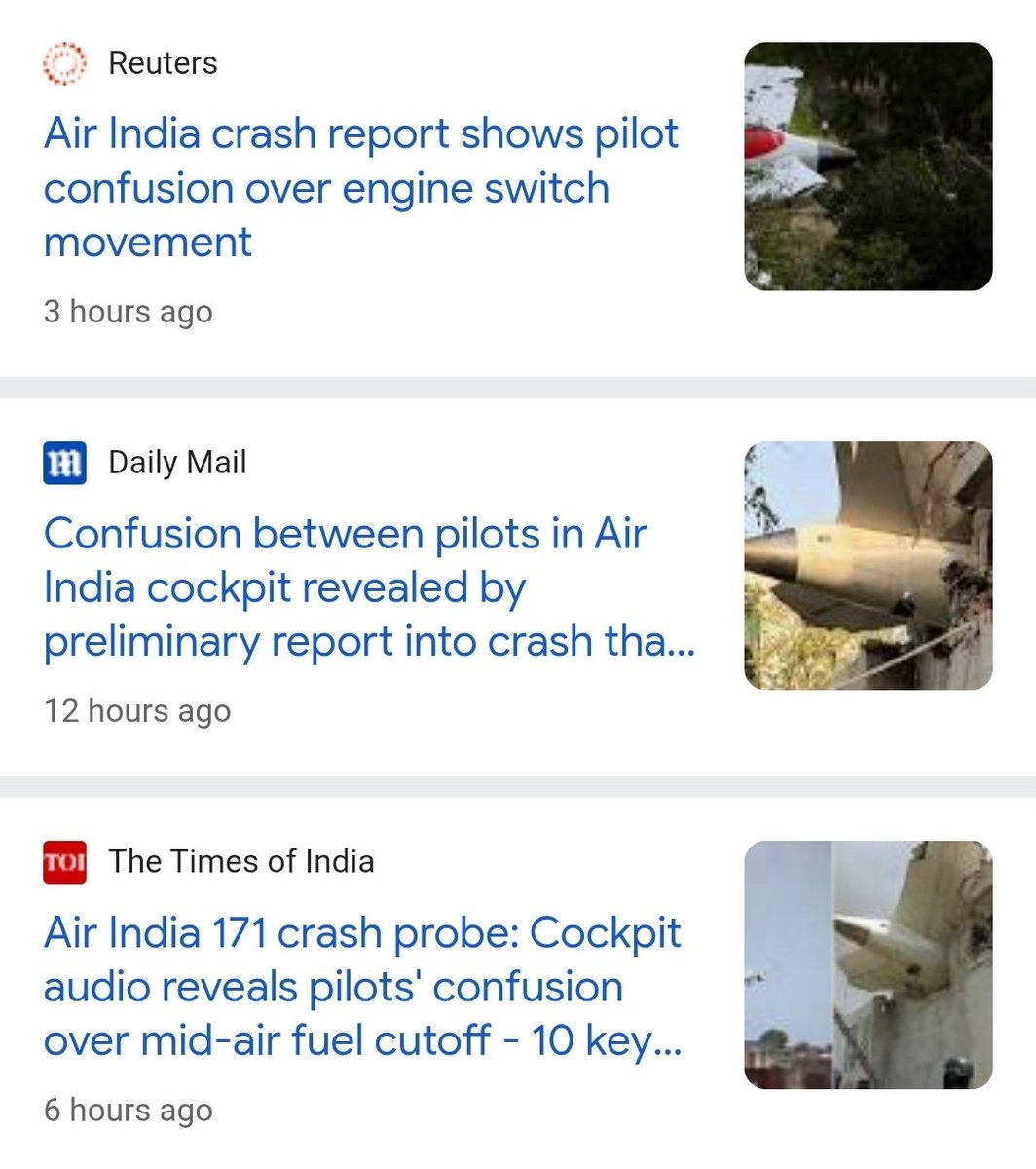 Incognito_qfs's tweet photo. I understand why foreign media houses like @Reuters want to portray the conversation between the two pilots as "CONFUSION" & blame the pilots.

But why Indian media houses led by @timesofindia want to blame it on pilots by saying they were confused??

This was the conversation:

Pilot 1: Did you Cut Off the fuel supply?

Pilot 2: I did not.

Where is the confusion?? This is pretty standard conversation imo. Asking a question is not confusion.