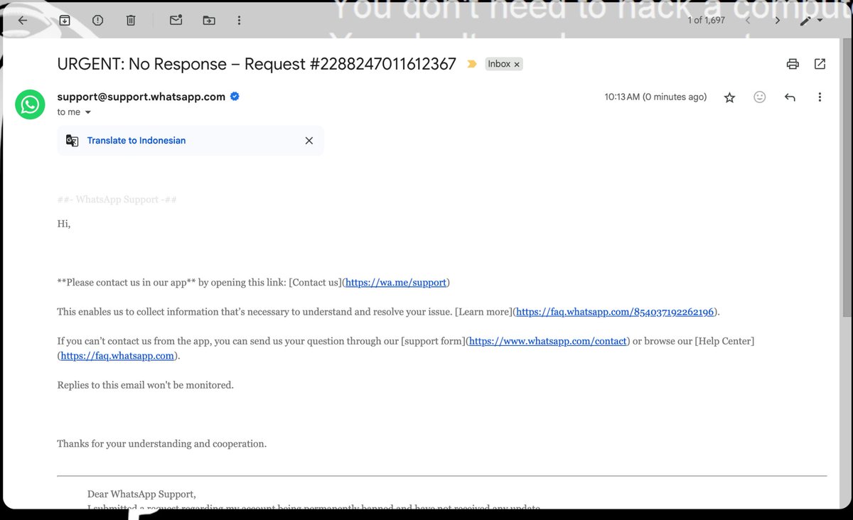imanagus17's tweet photo. Dear @WhatsApp @Meta

My number +62811170815 was banned. I only got AI replies saying my account is “active” but I can’t log in.

Please escalate this manually 🙏

#WhatsAppSupport #AccountBanned #SmallBusiness https://t.co/iim36AsSKU