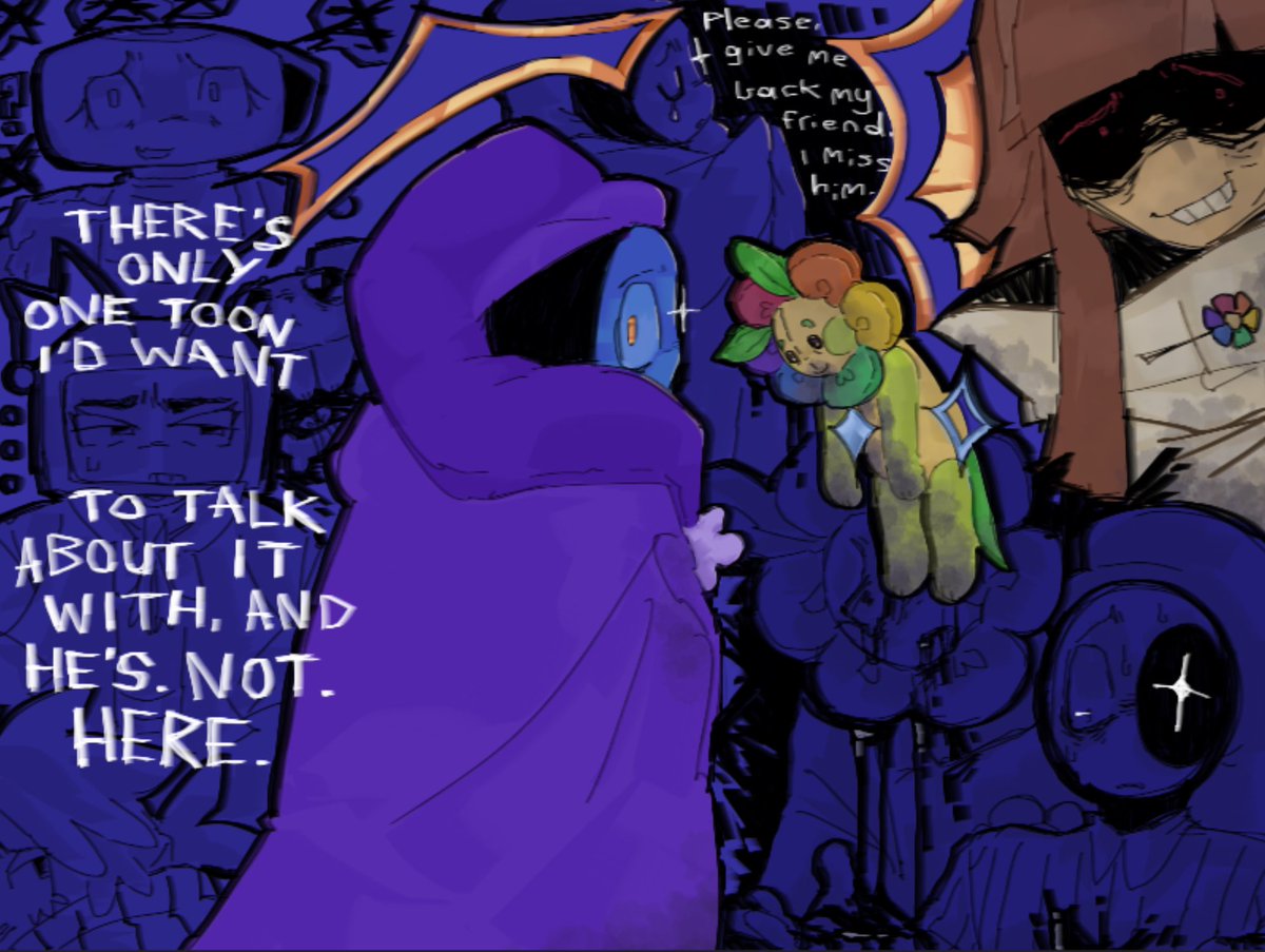 // mild gore , religious themes 

Some more au crumbs… don’t worry, he’s alive! Can’t get rid of the star of the show.
#dandysworld #moonflower