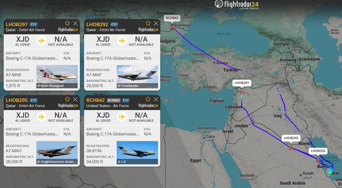 mhmiranusa's tweet image. Four C-17A Globemaster III military transport aircraft currently out of Al-Udeid Air Base in Qatar.
One belonging to USAF (reg: 08-8196) and three to Qatar - Emiri Air Force (reg: A7-MAO, A7-MAP, A7-MAB) out of which one landed in Aleppo in Syria.