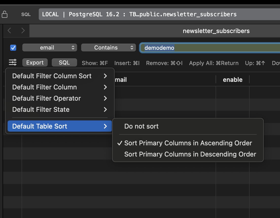TablePlus's tweet image. We added the default sort option (in the next update), so you can now select

1. Do not sort (if you don&apos;t want it to be sorted)
2. Sort ASC
3. Sort DESC
