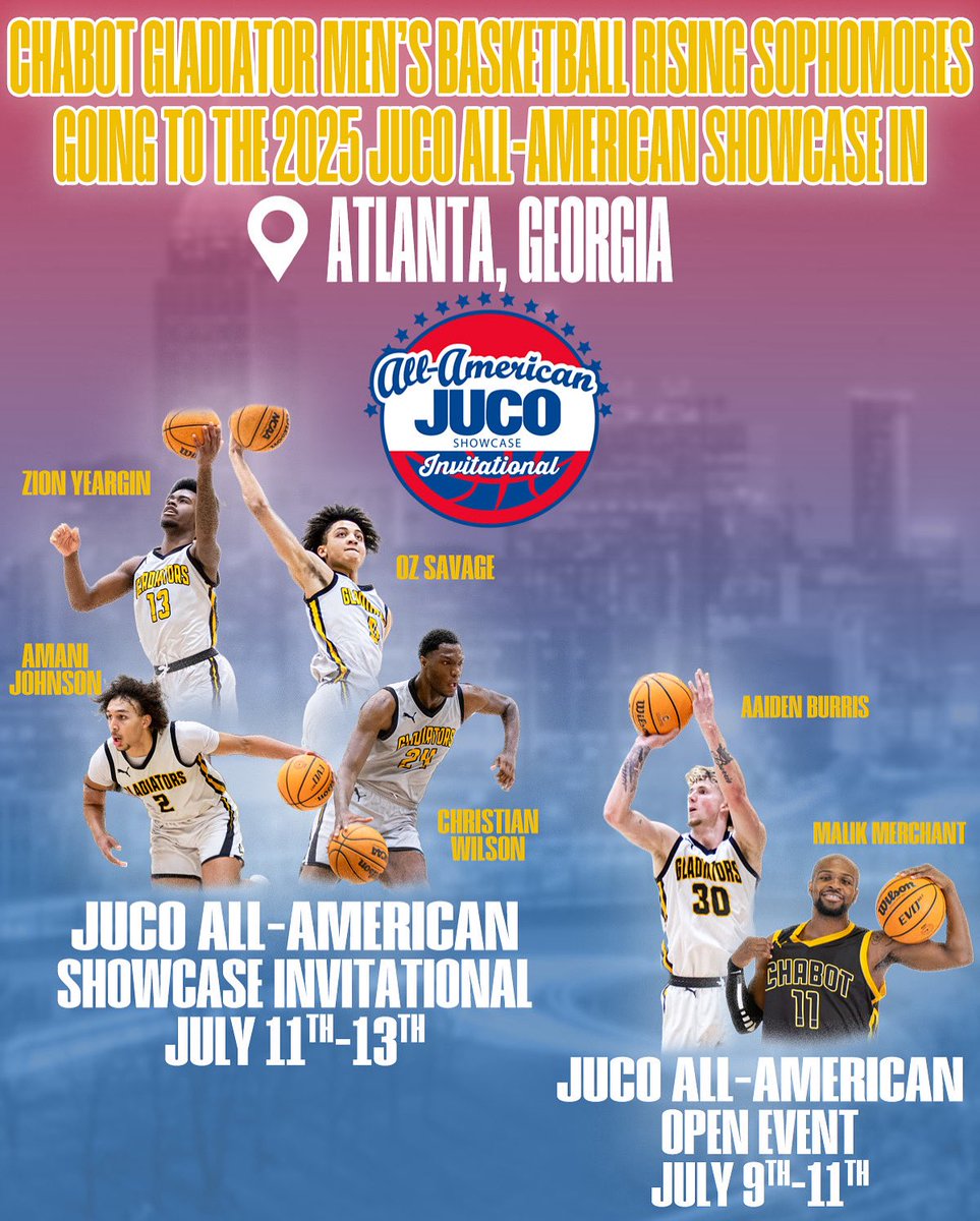 Gladiator rising sophomores 6’5 G Zion Yeargin,  6’3 G Amani Johnson, 6’7 F Oz Savage and 6’10 C Christian Wilson have all arrived in ATL and are ready to play at the All American JC Invitational showcase this Saturday and Sunday(July 12-13 2025)

Their Teams and Game times

6’5