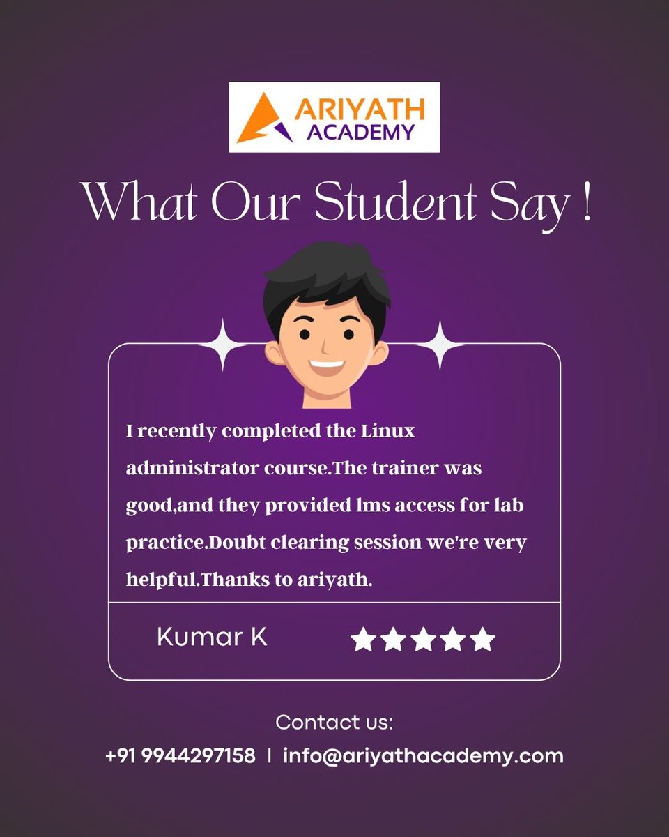 ariyath_academy's tweet image. 📞 Interested in joining?
Call us: 9944297158
🌐 Visit: ariyathacademy.com

#StudentFeedback #AriyathAcademy #LinuxTraining #LMSAccess #RealTimeLearning #ITTraining #Tiruvannamalai #SkillUp #LearnToGrow #CareerReady