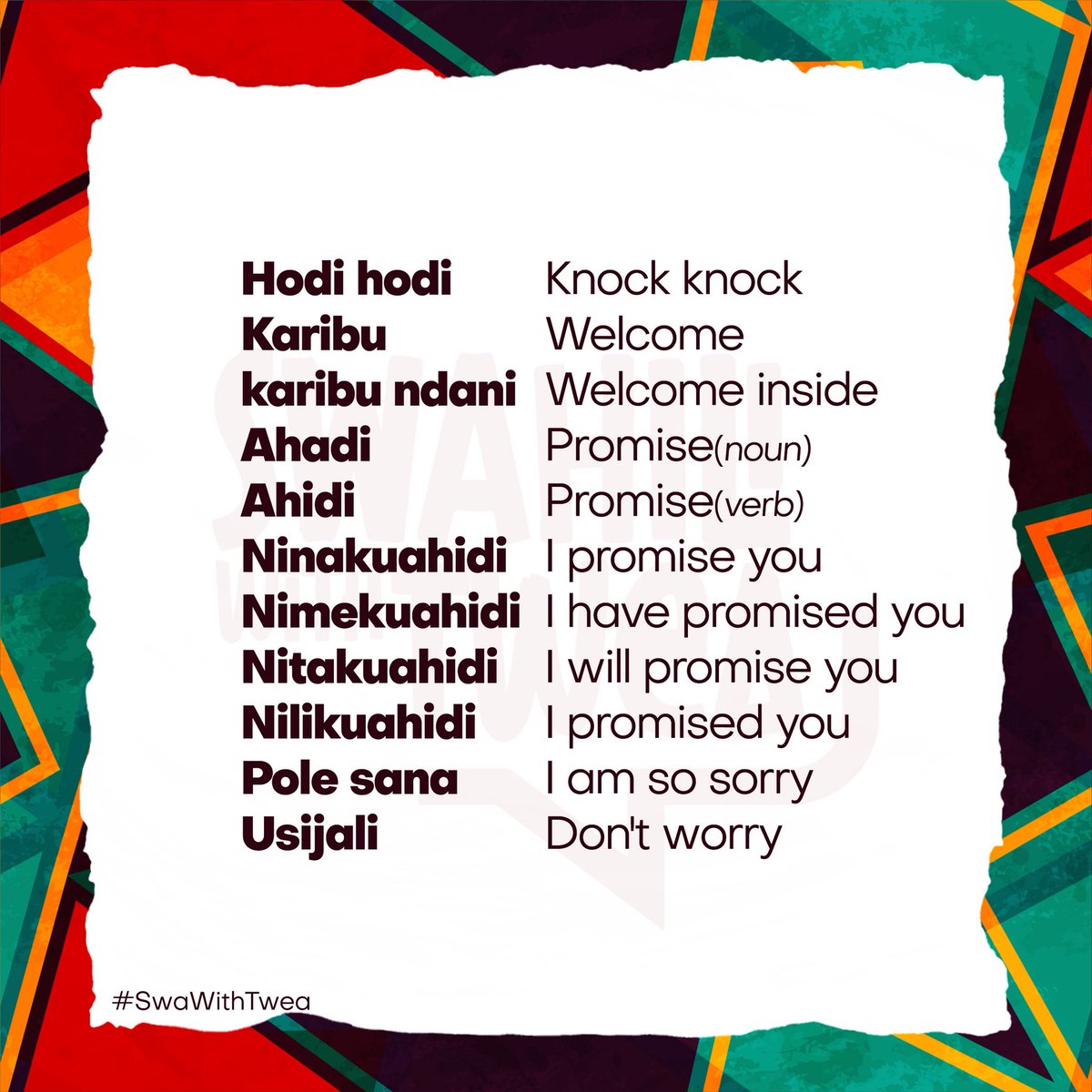 KiswahiliNaTwea's tweet image. Hamjambo
Expand your #Swahili diction
#SwaWithTwea