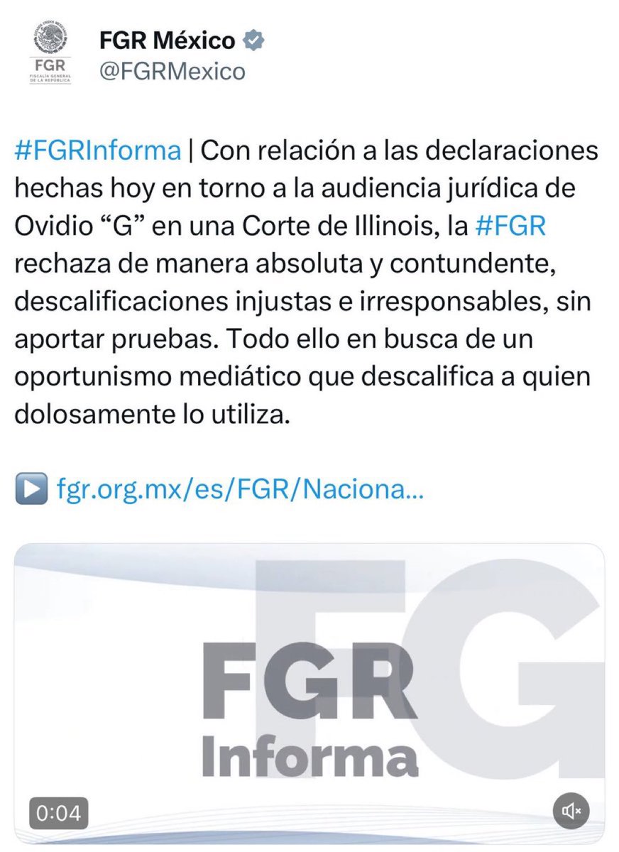 Ciro Di Costanzo (@cirodi) on Twitter photo 🔻La <a href="/FGRMexico/">FGR México</a> rechaza las declaraciones del abogado de Ovidio Guzmán. Las califica de “irresponsables” e “injustas” sin pruebas. 🔻La <a href="/FGRMexico/">FGR México</a> rechaza las declaraciones del abogado de Ovidio Guzmán. Las califica de “irresponsables” e “injustas” sin pruebas.