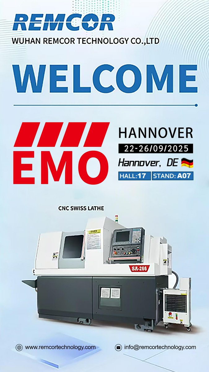 Welcome to visit us in the EMO exhibition in Germany 
From Sep 22-26th 
Hall: 17 
Booth Number: A07 
We will show our CNC Swiss lathe in the exhibition 
Looking for the global distributors 
remcortechnology.com