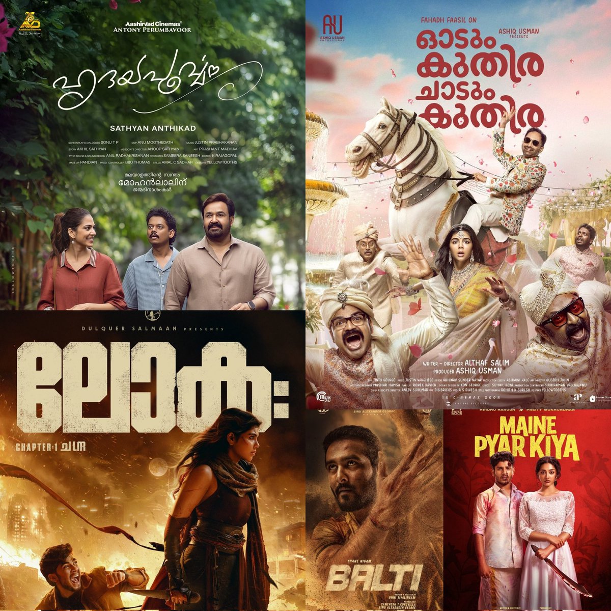 VRFridayMatinee's tweet image. Genre Of Onam Releases :
#Hridayapoorvam - Family Drama + Lovestory + social issue
#Lokah - Fantasy
#OdumKuthiraChadumKuthira - Romantic Comedy
#MainePyarKiya - Romantic Comedy Thriller
#Balti - Sports + Action Drama