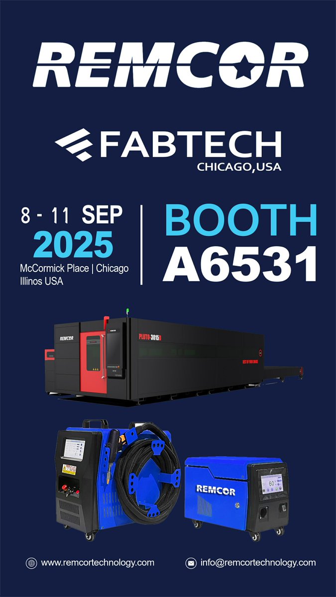 Welcome to visit us in the FABTECH USA
From Sep 8-11th
Booth Number: A 6531
We will show our Laser welding machine and Pulse Laser cleaning machine in the exhibition
Looking for the global distributors
remcortechnology.com