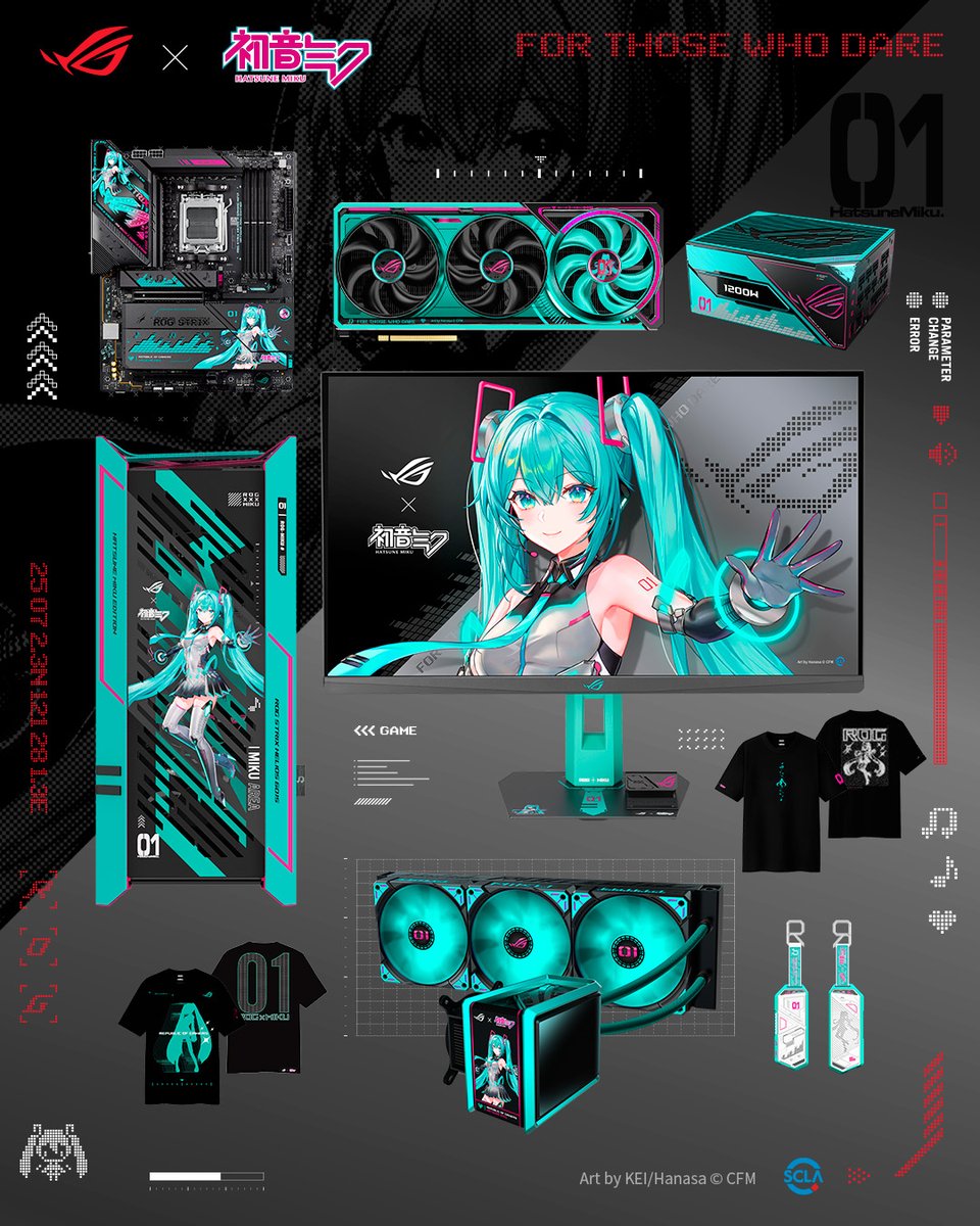 🖤#ROGxHatsuneMiku—the crossover we all needed. 

Check out that entire lineup...a motherboard, graphics card, monitor, apparels, and more.

Yeah, we’re stunned too! 🤯 
Ready to immerse yourself in the vibrant Miku aesthetic? 

Learn more: 
rog.gg/HatsuneMiku 
 
*Some