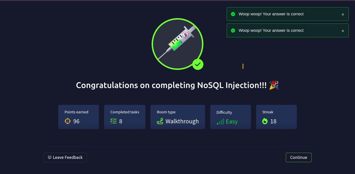 b1n4ryl0v3r's tweet image. 🎉 Just completed the NoSQL Injection room on TryHackMe!
🛡️ Staying ahead of the attackers—one injection at a time.
#CyberSecurity #NoSQLInjection #TryHackMe #InfoSec #EthicalHacking #BugBounty #CyberTraining #HackThePlanet