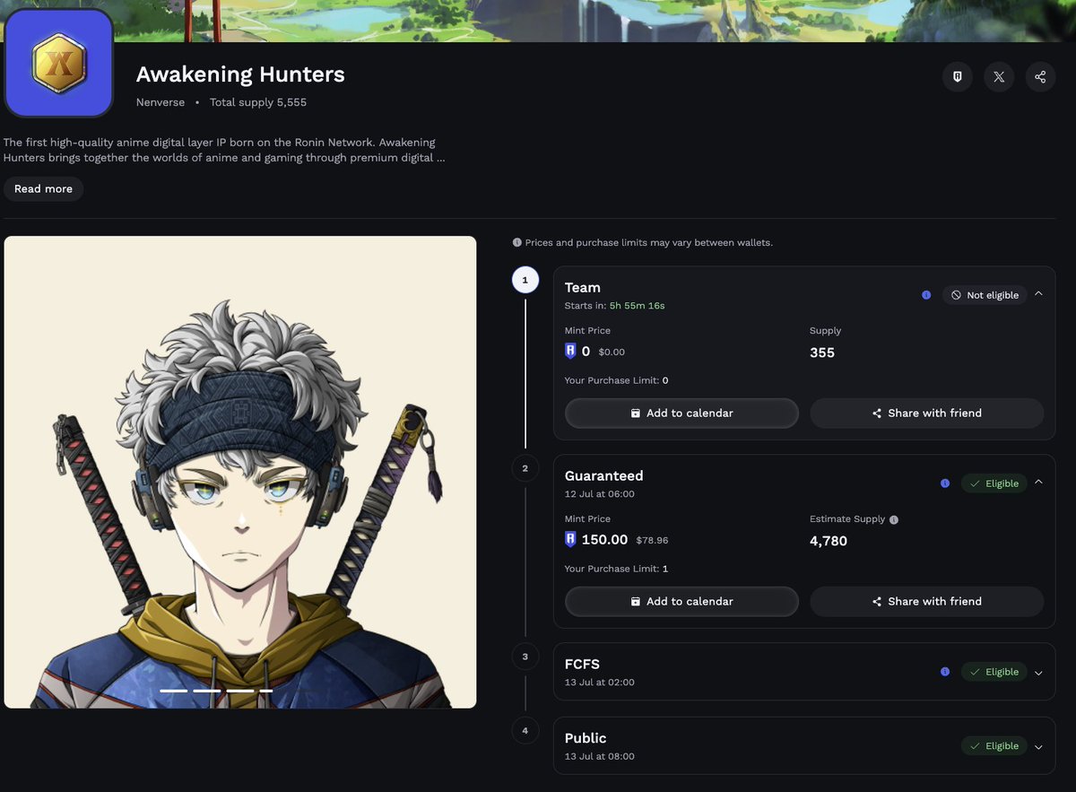 I'm heavy into Anime...

Actually been binge watching Naruto again for the past week...

I'm on <a href="/Ronin_Network/">Ronin</a> everyday..

I'll be minting <a href="/AwakenHunterNFT/">Awakening Hunters</a> 🔜