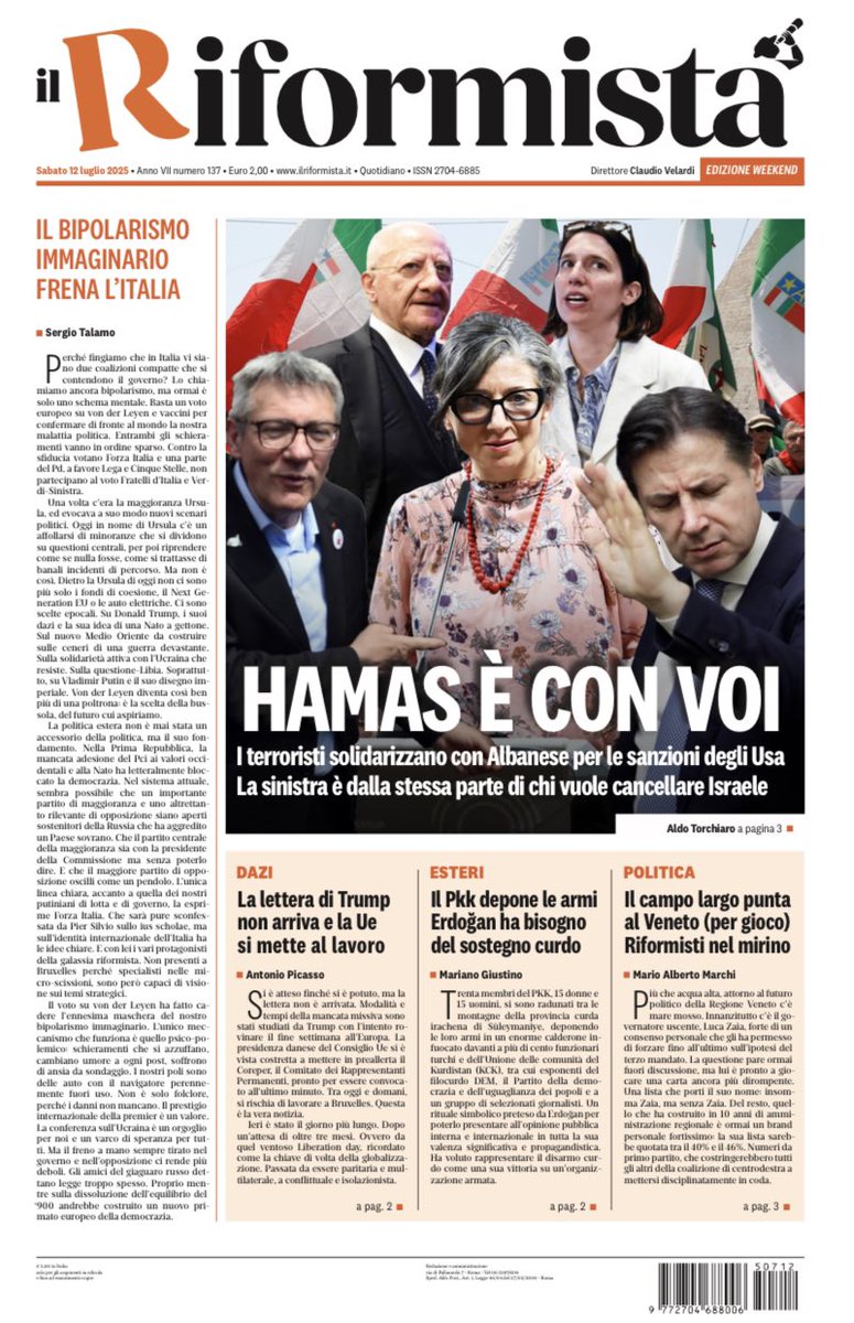 La prima pagina del Riformista di sabato  12 luglio 

Abbonati al quotidiano digitale - ilriformista.it/abbonati-annua…