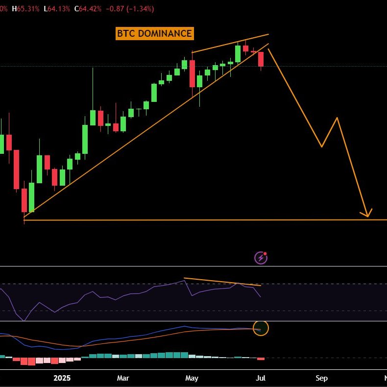 Bitcoin dominance just broke the trend line on weekly. Close below the trend line = Altcoins will explode hard 🚀
