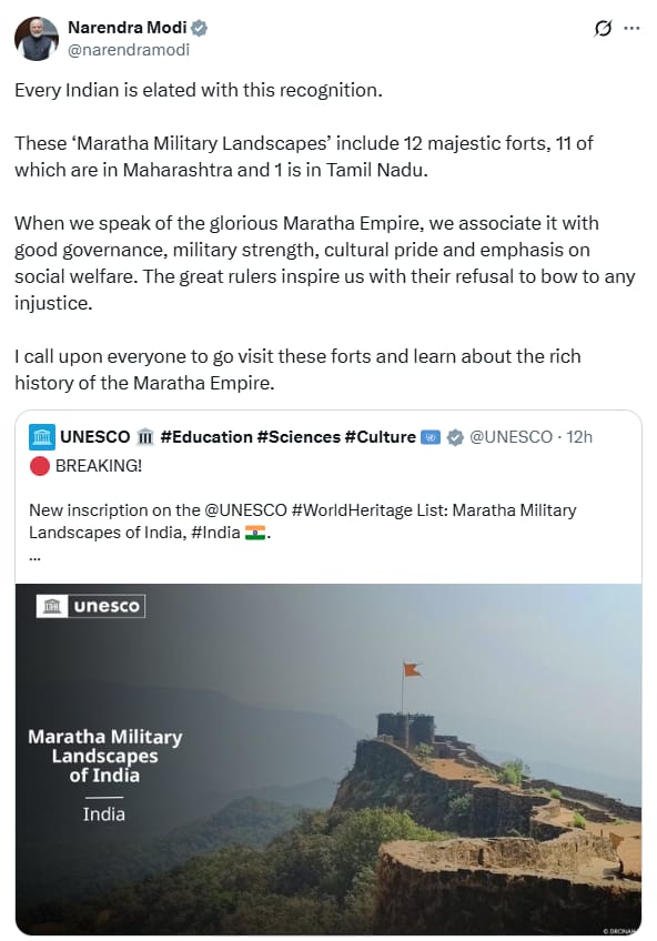 Upendrra Rai (@upendrrarai) on Twitter photo Prime Minister <a href="/narendramodi/">Narendra Modi</a> posts, "Every Indian is elated with this recognition. These āMaratha Military Landscapesā include 12 majestic forts, 11 of which are in #Maharashtra and 1 is in #TamilNadu. When we speak of the glorious #MarathaEmpire, we associate it with good Prime Minister <a href="/narendramodi/">Narendra Modi</a> posts, "Every Indian is elated with this recognition. These āMaratha Military Landscapesā include 12 majestic forts, 11 of which are in #Maharashtra and 1 is in #TamilNadu. When we speak of the glorious #MarathaEmpire, we associate it with good
