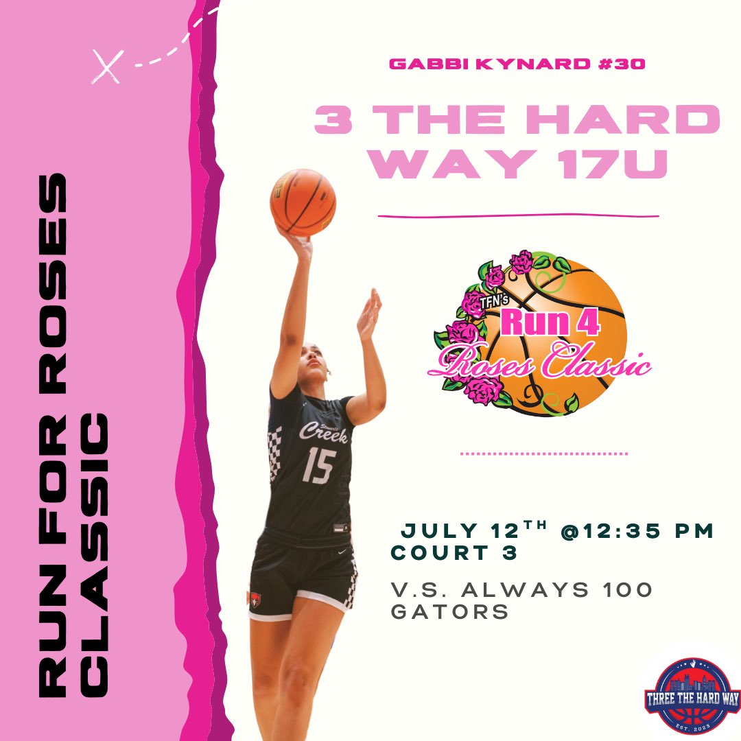 Gabbi Kynard (@gabbikynard) on Twitter photo This is my last day at Run 4 Roses Classic. Catch me in action tomorrow with 3 The Hard Way 17U —
📍 Court 3
🕧 July 12th @ 12:35 PM
🆚 Always 100 Gators
<a href="/SCHS_WBB/">LadyRedHawksBBall</a> <a href="/3THW_Hoops/">Three The Hard Way</a> <a href="/TFNsRun4Roses/">TFN's Run 4 Roses</a> <a href="/PRO16G/">NXTPRO Girls League</a> <a href="/MrJacksonCEO/">Cameron Jackson</a> <a href="/NothinButTharpe/">Dominic Tharpe</a> This is my last day at Run 4 Roses Classic. Catch me in action tomorrow with 3 The Hard Way 17U —
📍 Court 3
🕧 July 12th @ 12:35 PM
🆚 Always 100 Gators
<a href="/SCHS_WBB/">LadyRedHawksBBall</a> <a href="/3THW_Hoops/">Three The Hard Way</a> <a href="/TFNsRun4Roses/">TFN's Run 4 Roses</a> <a href="/PRO16G/">NXTPRO Girls League</a> <a href="/MrJacksonCEO/">Cameron Jackson</a> <a href="/NothinButTharpe/">Dominic Tharpe</a>