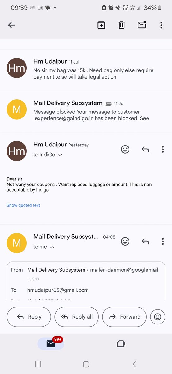 harshmehta786's tweet photo. This is  how indigo is cheating us. I have raised my concern over my damage bag. We have 2-3days of conversation . Now they  have blocked my mail id after just giving 2k voucher for my 15k luggage. Worst airline of india @IndiGo6E @airindia @flyspicejet .no accountability. https://t.co/qBk3Xx4X27