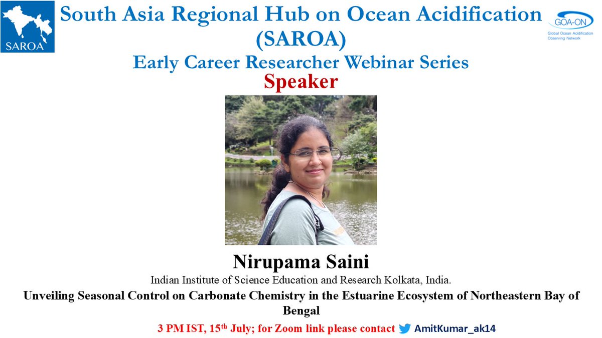 SAROA (@saroa_hub) on Twitter photo We are launching Early Career Researcher (ECR) Webinar Series. Our first ECR speaker will be <a href="/NirupamaSaini/">Nirupama Saini</a> and she will talk about estuarine carbonate chemistry along Bay of Bengal. Please contact <a href="/AmitKumar_ak14/">Amit Kumar</a> for Zoom link <a href="/goa_on/">GOA-ON</a> <a href="/Anweghosh/">Anwesha Ghosh</a> <a href="/kamal_ranatunga/">KamalR</a> <a href="/BhadPunyasloke/">Punyasloke Bhadury</a> We are launching Early Career Researcher (ECR) Webinar Series. Our first ECR speaker will be <a href="/NirupamaSaini/">Nirupama Saini</a> and she will talk about estuarine carbonate chemistry along Bay of Bengal. Please contact <a href="/AmitKumar_ak14/">Amit Kumar</a> for Zoom link <a href="/goa_on/">GOA-ON</a> <a href="/Anweghosh/">Anwesha Ghosh</a> <a href="/kamal_ranatunga/">KamalR</a> <a href="/BhadPunyasloke/">Punyasloke Bhadury</a>