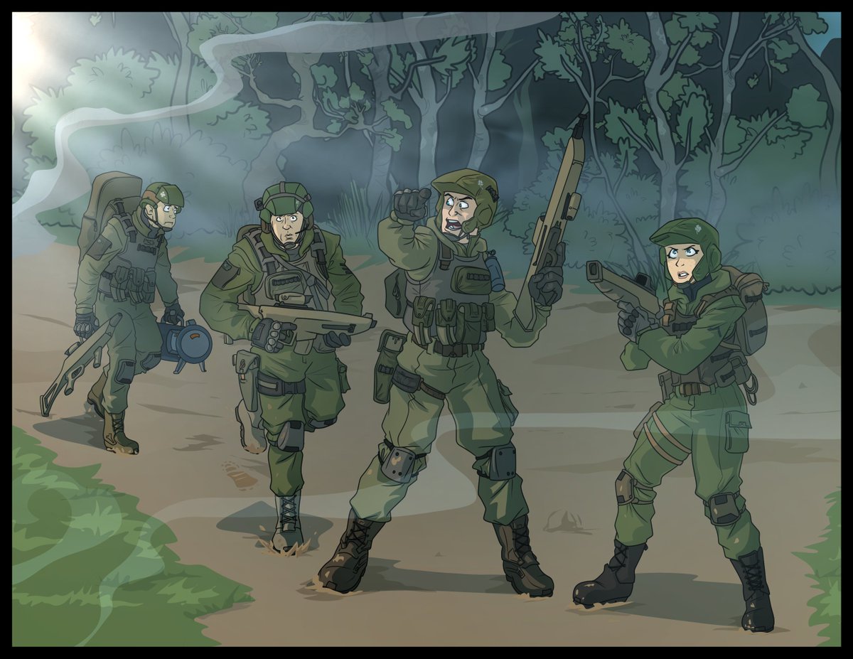 PhoxnSparky's tweet image. Featured in this random picture is Lucky Company, part of the 801st Mechanized Airborne Division of the G.A.
The fighting featured here is taking place on the Yazar system.
#military #militaryuniform #scifi #scifimilitary #soldiers
#combat #battle