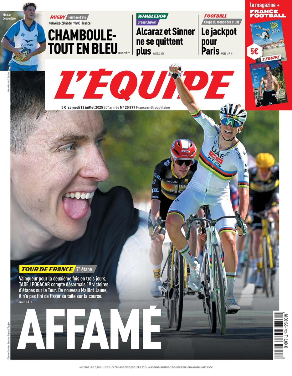 🗞️ La une du journal L'Équipe du samedi 12 juillet 2025
Pour lire votre édition ➡️ l.lequipe.fr/J3o