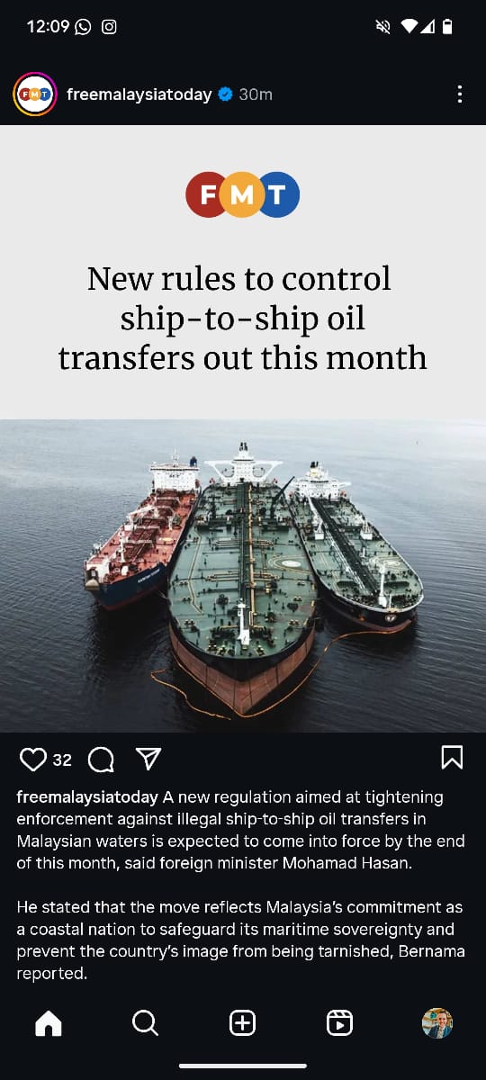 🇲🇾Malaysia FM:
New rules to control ship-to-ship oil transfers out this month | FMT share.google/qQ0Bidm8UAfhTX…

Finally, some action by Malaysia on the #DarkFleet Ship-to-Ship transfers.

Hopefully this meets the call by IMO for action and enforcement of existing international