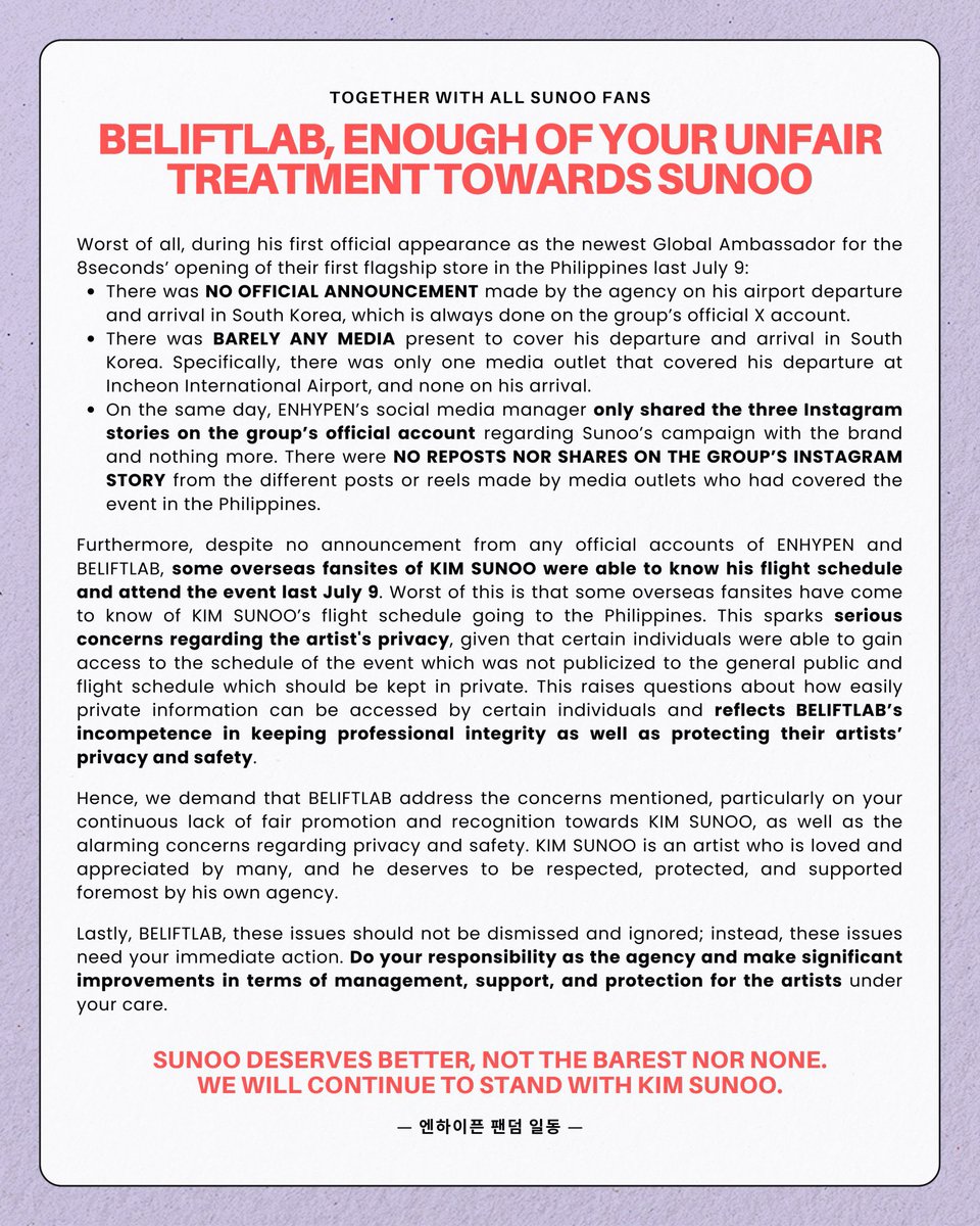 CYjSn96's tweet photo. problem with sunoo ? How about belift lab let him go with no penalties &amp; consequences ? From giving him least screentime in mvs, always 5th in LD,to not uploading behind practice of his solo dance, not incl his solo dance in quarterly review.List goes on @BELIFTLAB 
#RespectSunoo https://t.co/AiWlkdnVjb
