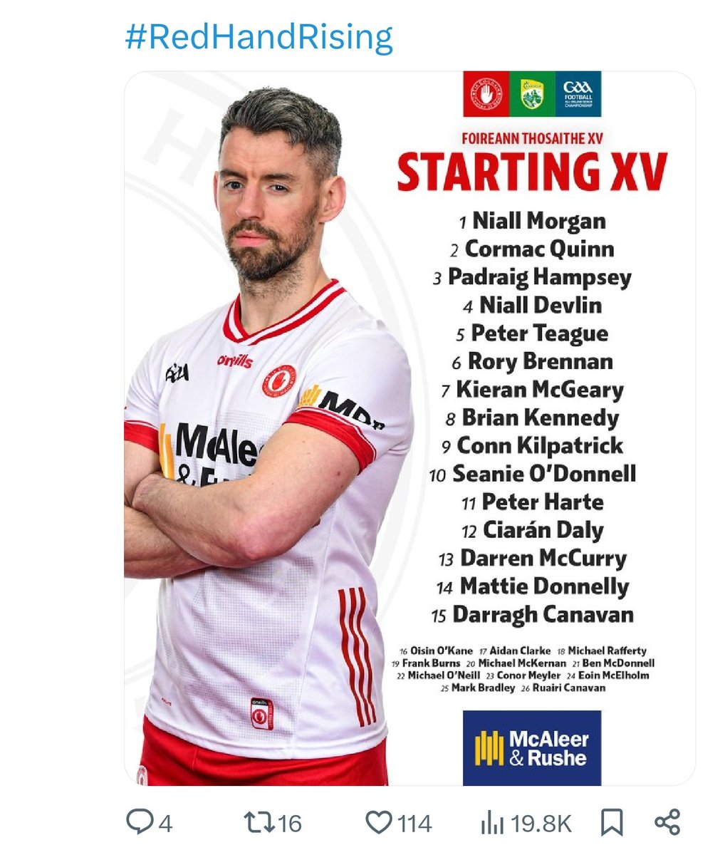 KevSmithTyrone's tweet image. Tyrone's starting line-up. @42Pennylane42 @AndreBaron3 @cowshie2 @Darren_Fewins @fentonstevens @fjd_gough @geecee1 @LornaSimes @MTCTheDebrief @sadler02 @