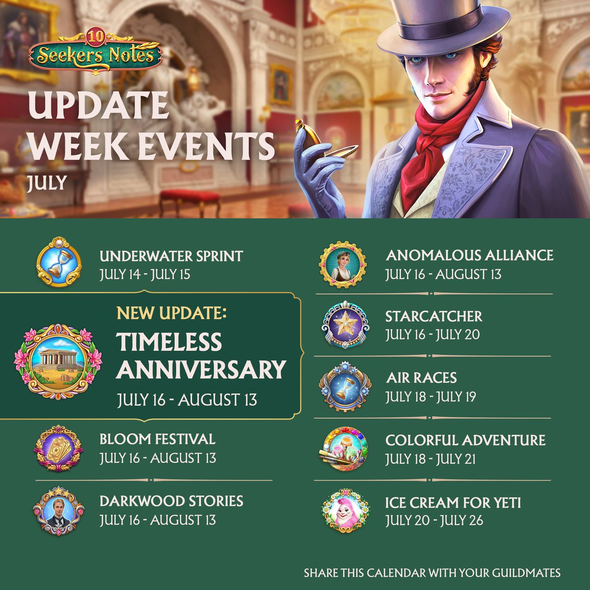 SeekersNotes's tweet image. 🎊 Seekers, the special anniversary update is just a few days away! 

Starting next week, on July 16, we invite you to join us in the beautiful Art Gallery for the Timeless Anniversary event as we celebrate 10 wonderful years of Seekers Notes.🥳

📲 social-sn.mytonagames.com/ePQ7gW