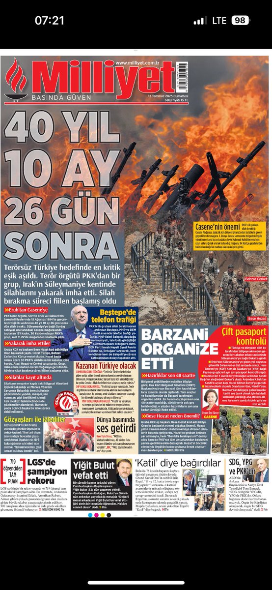 erdogan_arda's tweet photo. Terörsüz Türkiye sürecinde PKK silahlarını bırakmaya başladı. Bu kritik gelişme Türkiye ve dünya basınında kendisine geniş yer buldu. Bugün çıkan gazeteler arasında en etkili mizanpaj ve içerik @milliyet’te. Uğur Yıldırım’ın ve Milliyet emekçilerinin eline sağlık. https://t.co/5xsMoc9QTa