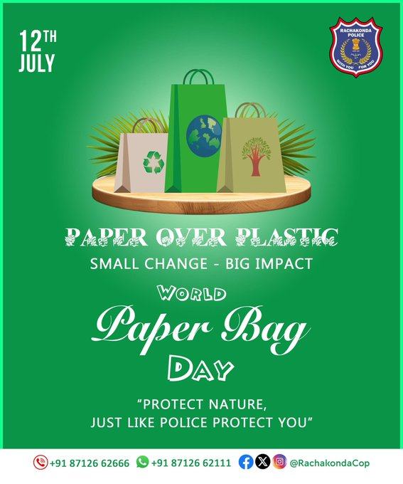 📷WORLD Paper Bag DAY 📷
#PAPER_OVER_PLASTIC
"PROTECT NATURE📷, JUST LIKE POLICE📷 PROTECT's YOU"
"SMALL CHANGE-BIG IMPACT"
