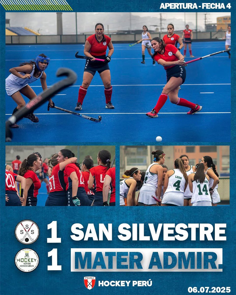 #Nacional2025 | Un total de 15 goles se convirtieron en la cuarta fecha del Torneo Apertura de #hockey:
🔵 Santa María 0-0 OMA (v)
🔴 OMA 0-5 Lima Cricket (d)
🔵 Apolo 0-8 Lima Cricket (v)
🔴 Mater 1-1 San Silvestre (d)
#HockeyPerú
