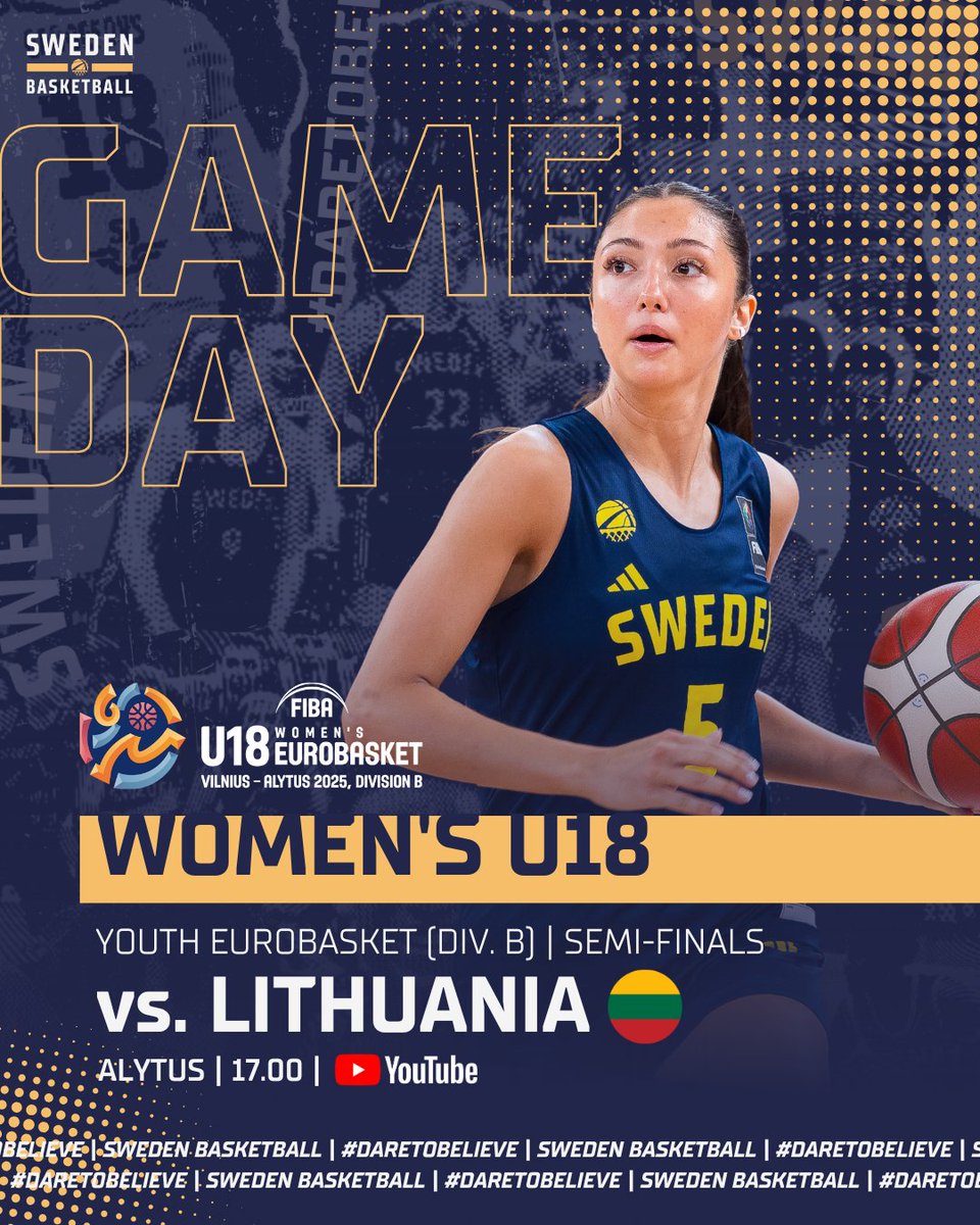 Big game coming up for the Women’s U18 - #U18EuroBasket Semi-Final vs. the hosts Lithuania 🇱🇹.
Tip-off 17.00 - let’s go Sweden! 👊

📊 Livestats: fiba.basketball/en/events/fiba…
📺 Watch live: youtube.com/watch?v=Hx3EWc…

#SwedenBasketball | #DareToBelieve