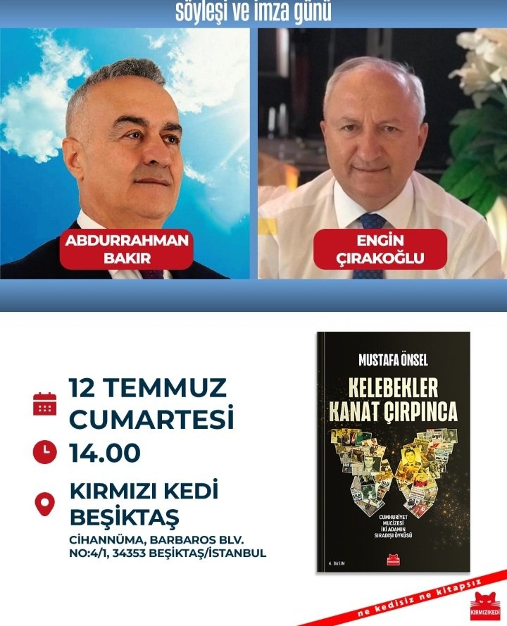 Cumhuriyet mucizesi iki adamın yaşam öyküsü üzerinden bir cumhuriyet okuması olan Kelebekler Kanat çırpınca kitabımızın,
bugün 14'de Beşiktaş Kırmızı Kedi'de söyleşi ve imza günü!
Ama bu sefer yazar değil, kitabın kahramanları imzalıyor!
Dostlar, yalnız bırakmamanız dileğiyle!