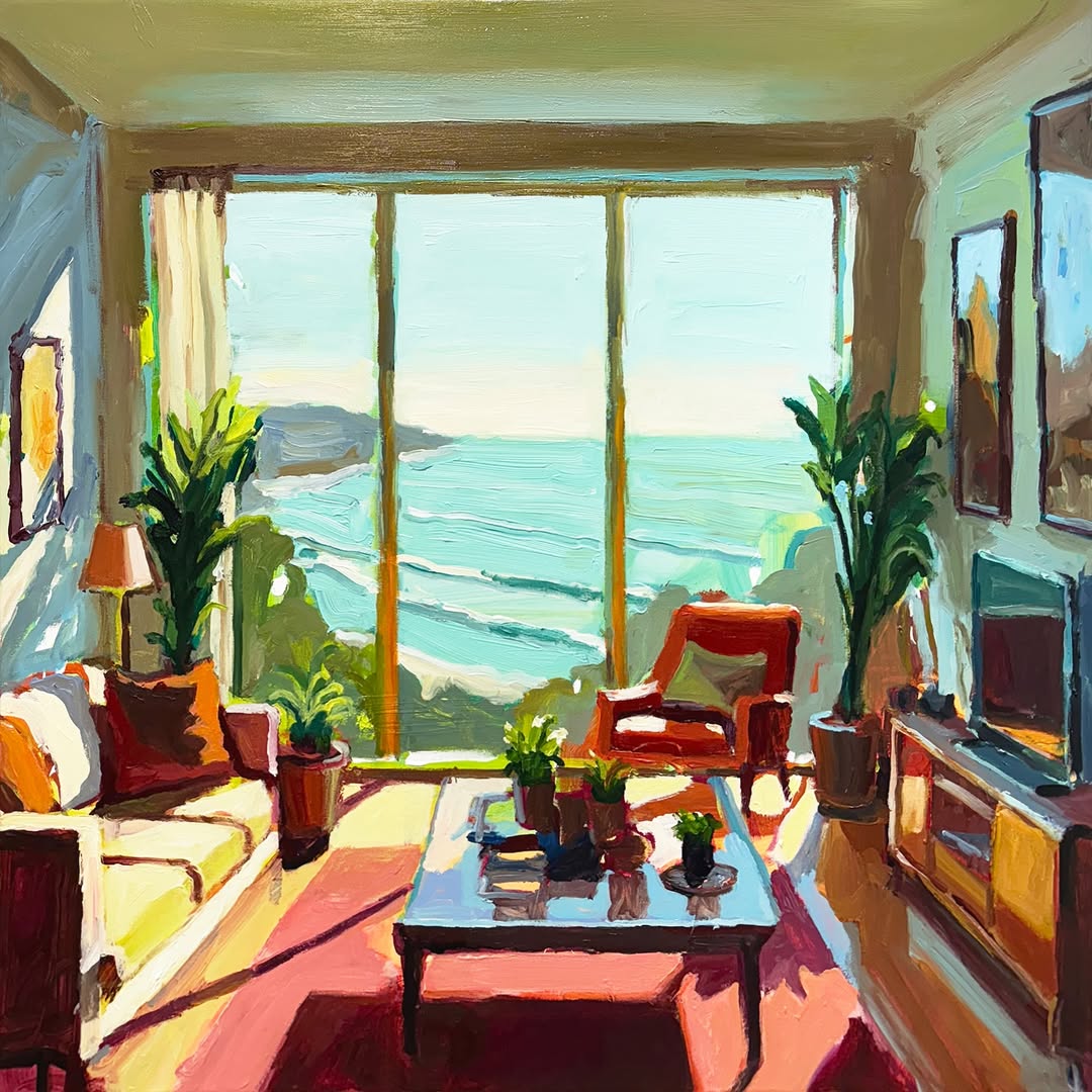 RClaremont's tweet image. What drew me in wasn’t the ocean—it was the contrast.
Hard lines vs. drifting light, warm reds against cool greens.
Less about detail, more about balance—capturing how the light felt.
“Apartment at Palm Beach”, 85x85cm 🎯🪟🎨
#compositionmatters #painterlylight #artprocess