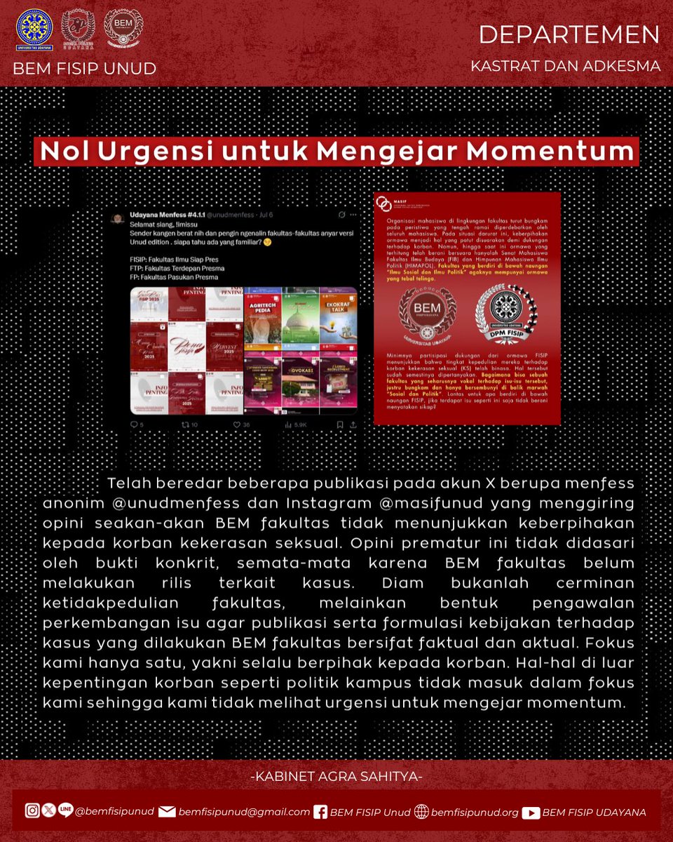 BEMFISIPUNUD's tweet photo. Ironisnya, pelaku justru diberikan jabatan penting di kepanitiaan Big Event, ini menunjukkan lemahnya pengawasan &amp; kurangnya komitmen dalam menegakkan keadilan. Proses pembahasan yg tertutup hanya memperpanjang penderitaan korban &amp; menimbulkan keraguan akan penanganan kasus ini. https://t.co/E19eiMmQi7