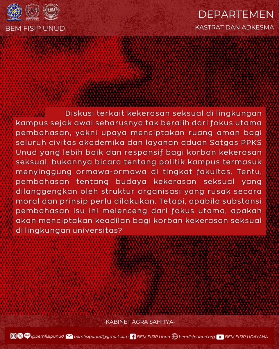 BEMFISIPUNUD's tweet photo. Ironisnya, pelaku justru diberikan jabatan penting di kepanitiaan Big Event, ini menunjukkan lemahnya pengawasan &amp; kurangnya komitmen dalam menegakkan keadilan. Proses pembahasan yg tertutup hanya memperpanjang penderitaan korban &amp; menimbulkan keraguan akan penanganan kasus ini. https://t.co/E19eiMmQi7