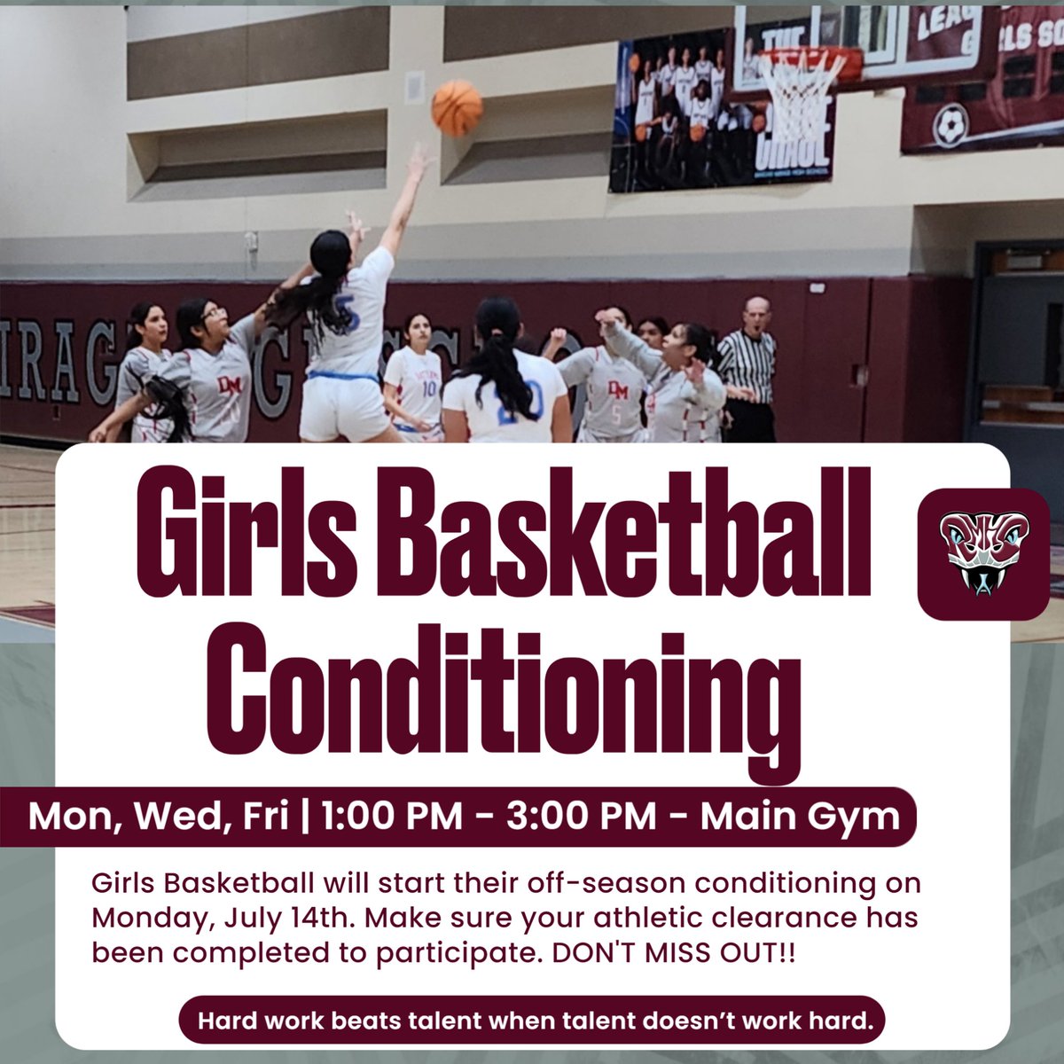 Girls Basketball will be starting their off-season conditioning on Monday, July 14th and will go Mondays, Wednesdays, and Fridays from 1-3 in the main gym. Make sure to have your physical and complete your athletic clearance:
homecampus.com/login