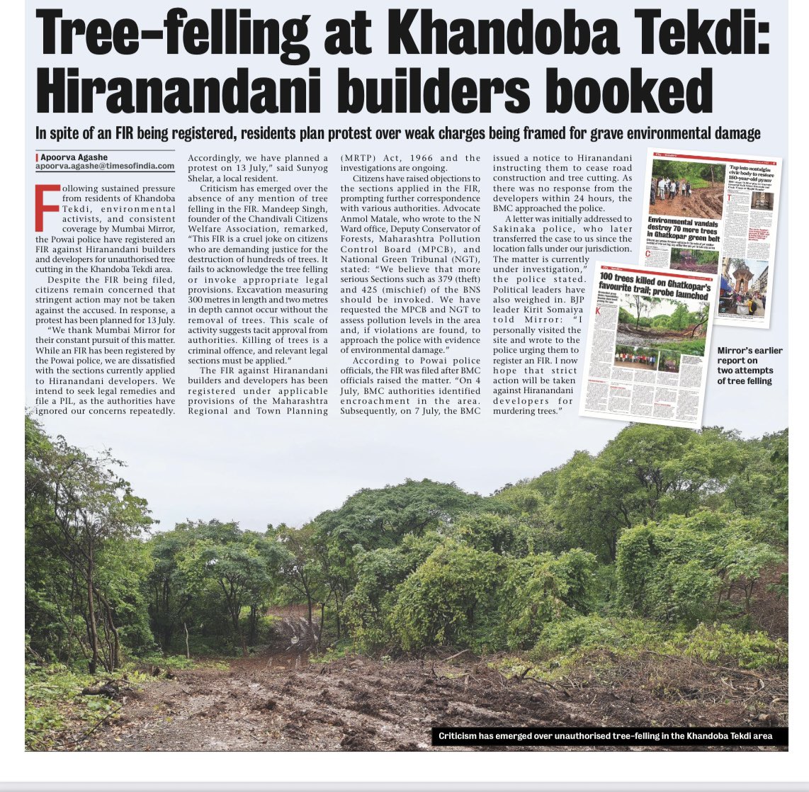Apoorva_Agashe's tweet image. After Citizens , activists and Mumbai Mirror’s follow up the Powai police booked Hiranandani for unauthorised tree cutting. 
Even as the FIR is registered @ChandivaliCCWA and Citizens have raised concerns over the sections imposed.
#savetrees #environment