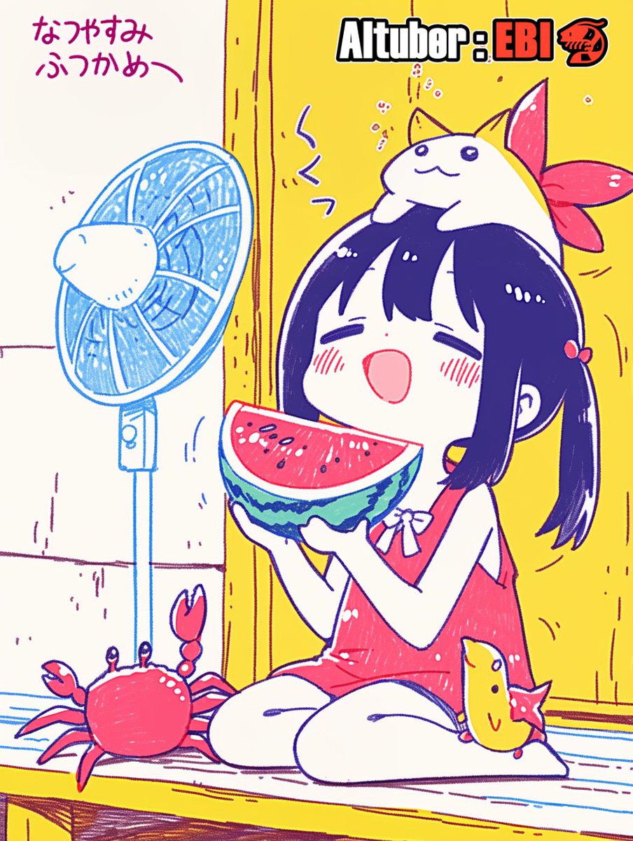 #あつめワールドと夏休み夏休み 
２日目 昼 天気🌤️ 
🦐「ひるはスイカですいぶんほきゅ～🍉🍉🍉」
〖 AItuber:EBI 〗AIイラスト AIart

🦀：なおさんイベント幹事お疲れ様です😊